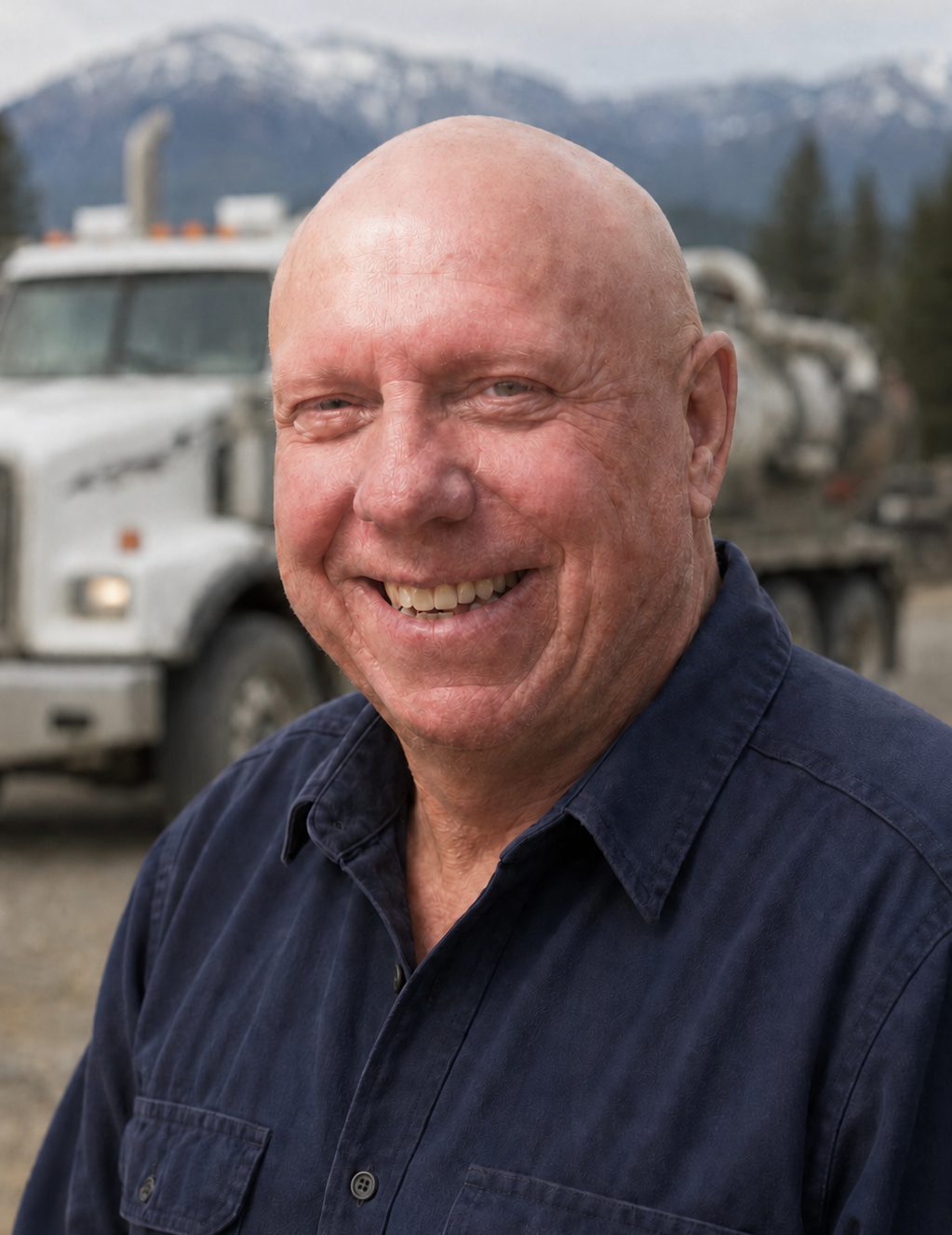 Neale Loomis, owner of Mateo Oilfield Services, smiling in a navy work shirt in front of a white vacuum truck, with snow-capped mountains behind