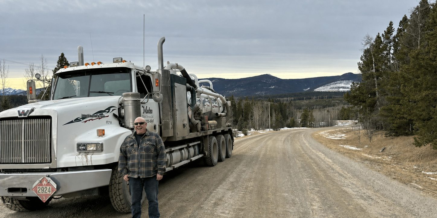 Neale, owner of Mateo Oilfield Services, standing in front of a white Western Star vacuum truck on a gravel road in the Central Alberta foothills