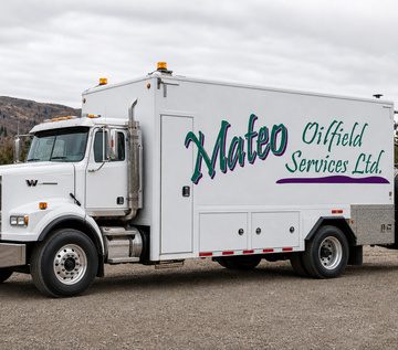 White Western Star mobile steamer cube truck lettered Mateo Oilfield Services Ltd.